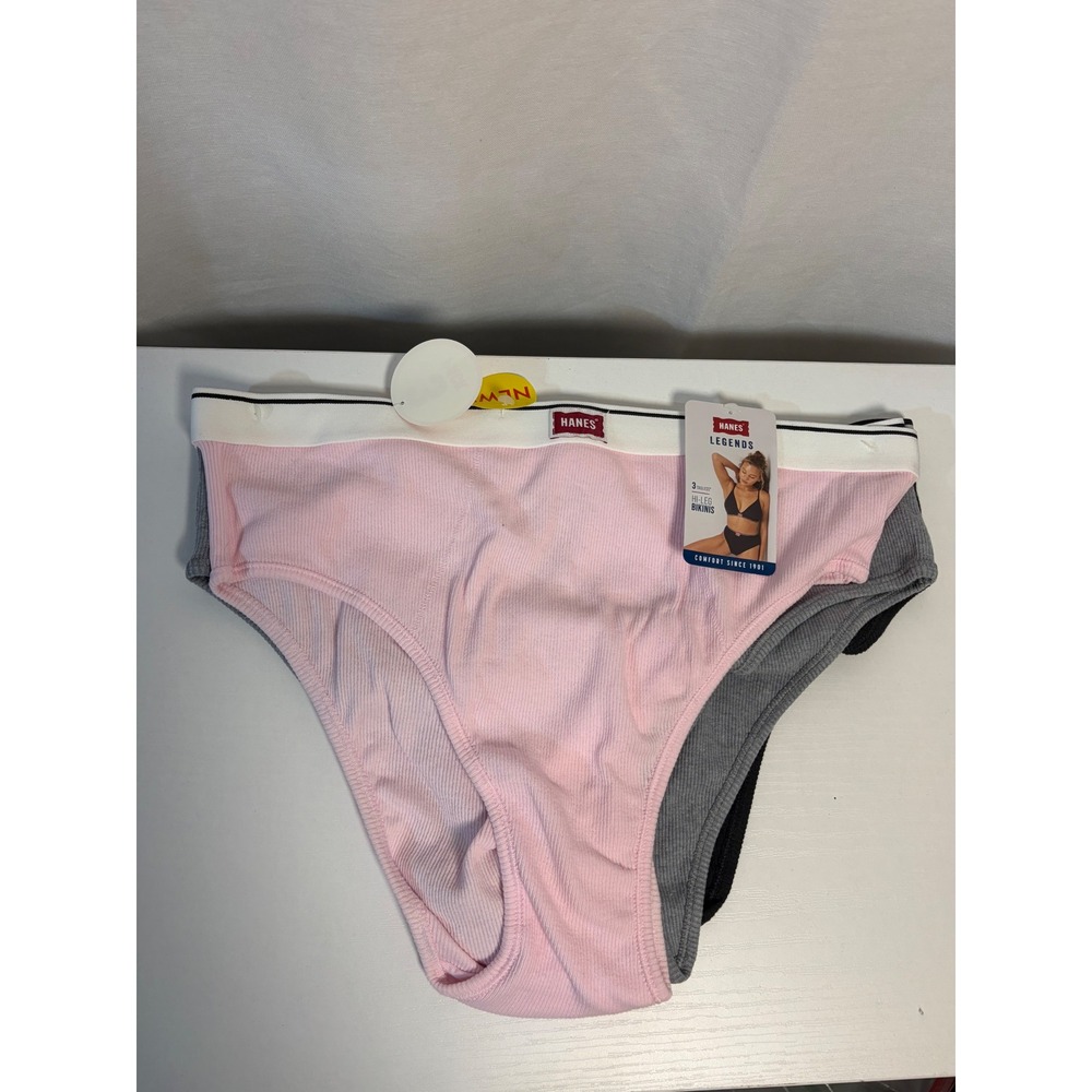 Hanes Legends Women Hi-Leg Bikinis 3-Pack Pink Grey Black Ribbed Cotton XL 3PK